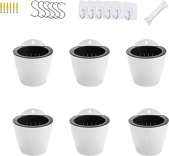 6 Pack White Hanging Planter Pots Self Watering Vertical Garden Wall Mount Window Hang Round Plastic Container Indoor Outdoor for Plants Flowers Succulent Kitchen Living Herbs Holder Decor(Large)-CasaMuseHome