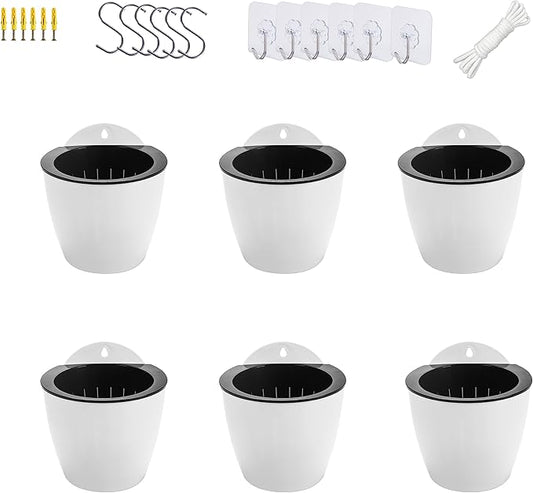 6 Pack White Hanging Planter Pots Self Watering Vertical Garden Wall Mount Window Hang Round Plastic Container Indoor Outdoor for Plants Flowers Succulent Kitchen Living Herbs Holder Decor(Large)-CasaMuseHome