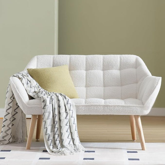 48”Small Loveseat Sofa, Modern Sherpa Upholstered Mini Couch 2-Seater Fluffy Love Seat with Quilting Backs and Wood Legs for Living Room, Bedroom and Small Space, White-CasaMuseHome