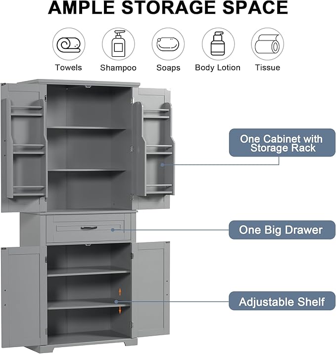 72.2" Tall Storage Cabinet with 4 Doors and Drawer, Freestanding Linen Cabinet, Wooden Pantry with Adjustable Shelf for Kitchen, Bathroom, Living Room, Grey-CasaMuseHome