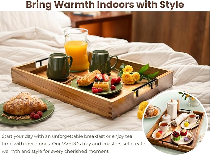 Acacia Wooden Ottoman Tray for Living Room – 21" Large Coffee Table Serving Tray with Handles & 6 Coasters Set, Perfect for Food, Drinks, Kitchen, and Home Decor-CasaMuseHome