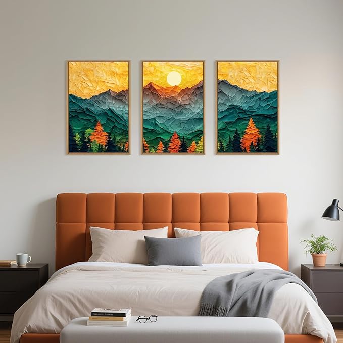 Abstract Mountain Framed Canvas Wall Art Set, Forest Pine Tree Golden Sunset Wall Decor, Mixed Patchwork Landscape Art Print for Living Room, Bedroom, Dining Room, Office - 16"x24"x3-CasaMuseHome