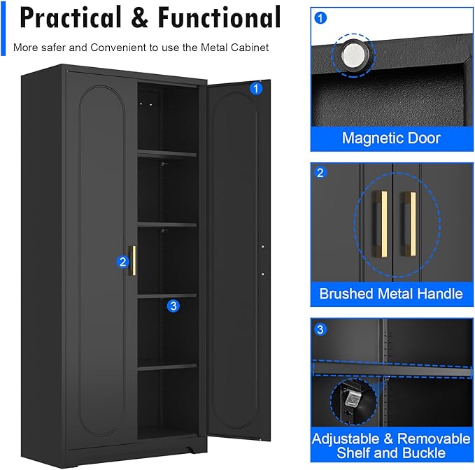 71" Tall Kitchen Pantry Cabinet, Pantry Storage Cabinet with Doors and Shelves, Metal Food Pantry Cabinets with Handles, Black Freestanding Cupboard for Living&Dining Room-Assemble Required-CasaMuseHome