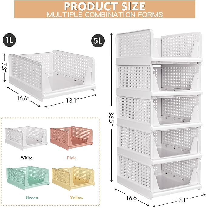 5 Pack Stackable Closet Storage Basket - Stackable Storage Bins, Multifunctional & Foldable Closet Organizer, Wardrobe Cupboard Space-Saving Hat Storage Drawer Organizer, Yellow-CasaMuseHome