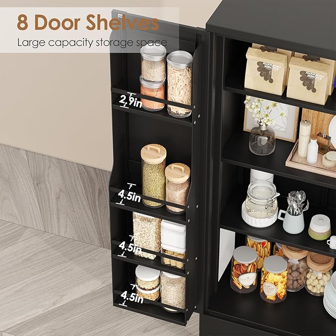 51" Kitchen Pantry Cabinet, Metal Storage Cabinet with 3 Adjustable Layer Shelves, 8 Door Shelves, Buffet Sideboard for Living Room, Kitchen, Black-CasaMuseHome