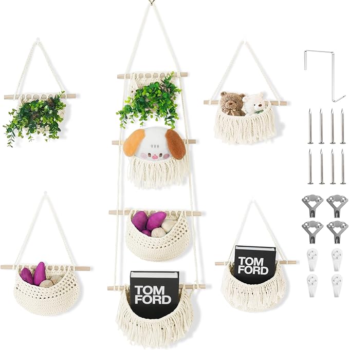4 Tier Hanging Fruit Basket for Kitchen, Beige Boho Cotton Rope Crocheted Fruit Holder for Bathroom Bedroom, Detachable Wall Hanging Basket Shelves Over Door Organizer for Fruits Veggie Plant Decor-CasaMuseHome