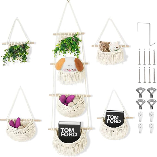 4 Tier Hanging Fruit Basket for Kitchen, Beige Boho Cotton Rope Crocheted Fruit Holder for Bathroom Bedroom, Detachable Wall Hanging Basket Shelves Over Door Organizer for Fruits Veggie Plant Decor-CasaMuseHome