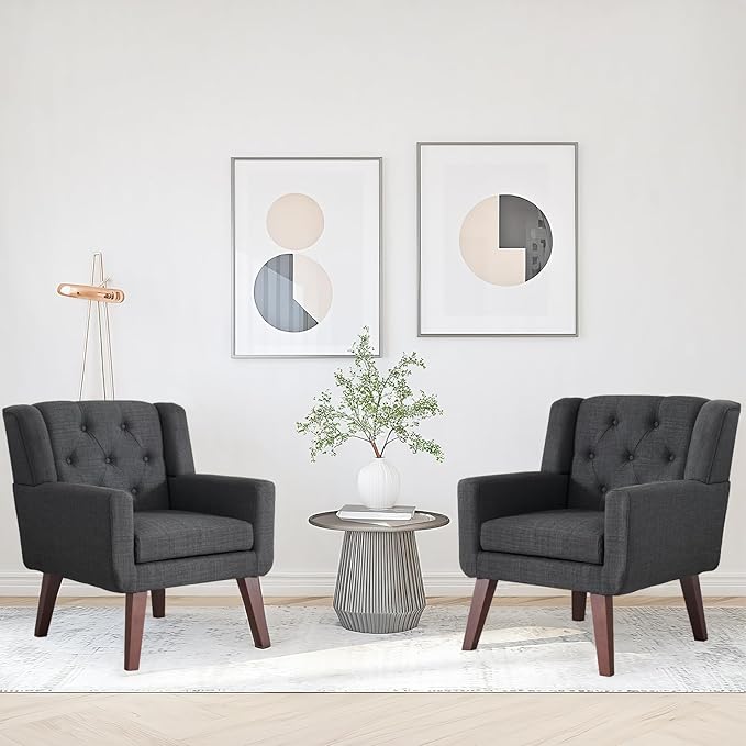 Accent Chair Button-Tufted Upholstered Living Room Chairs Comfy Reading Chair Mid Century Modern Chair with Linen Fabric Lounge Arm Chairs for Living Room Bedroom (Dark Grey)-CasaMuseHome