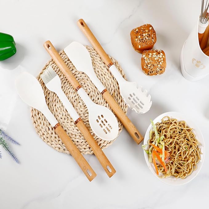 13-Piece silicone utensil set wood handle nonstick cookware safe dishwasher safe kitchen tools BPA free heat resistant (450°F/230°C) ceramic pan safe cooking gifts housewarming (White)-CasaMuseHome