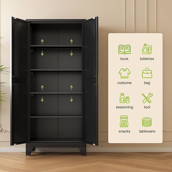 71'' Farmhouse Metal Storage Cabinet with Barn Doors,Steel File Cabinet for Home Office,Kitchen Pantry 4 Adjustable Shelves,Freestanding Cupboard for Kitchen,Home Office (Black)-CasaMuseHome