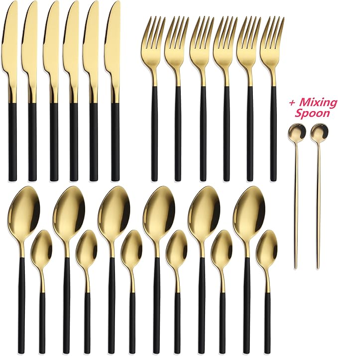 24 Piece Silverware Set For 6 Gold & Matte Black Handle Heavy duty 18/10 Stainless Steel Flatware Set Modern Design Knife/Fork/Spoon Mirror Polished Dishwasher Safe Cutlery Set with Gifts-CasaMuseHome