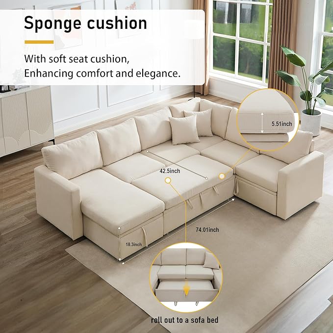 7 - Seater Sofa Bed, Large U - Shaped Modular Sectional Sofa, Oversized Pull - Out Sleeper with Storage for Living Room, Beige-CasaMuseHome