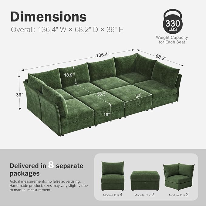 136.4" Oversized Modular Sectional Sleeper Sofa Bed, U Shaped Convertible Couch with Movable Ottoman, Large 8 Seat Corner Couches for Living Room Deep Seat Green Chenille-CasaMuseHome