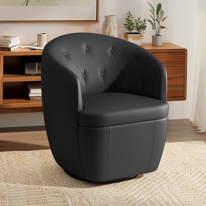 360° Swivel Leather Accent Chair, Modern Barrel Club Chair with Leather Upholstery and Sturdy Base, Comfortable Armchair for Living Room, Bedroom, Reading Nook, Brown-CasaMuseHome