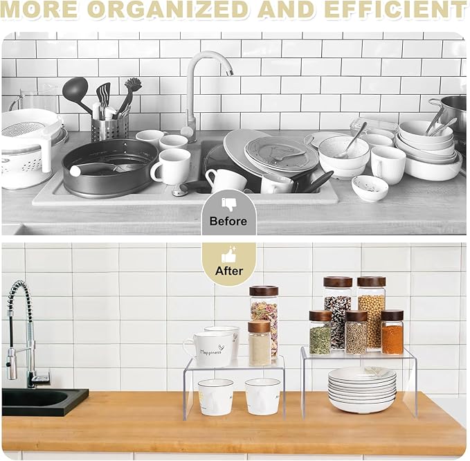 Acrylic Clear Kitchen Rack for Dishes, Spices Jars and Mugs, Kitchen Counter Cabinet Organizer, Clear Spice Rack Shelves, 5mm Thick, 2 Pack-CasaMuseHome
