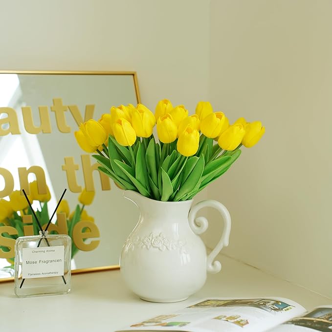 20pcs Yellow Artificial Tulip Fake Flower 12.9 Inch Spring Mother's Day Easter Gift for Home Kitchen Wedding Decoration-CasaMuseHome