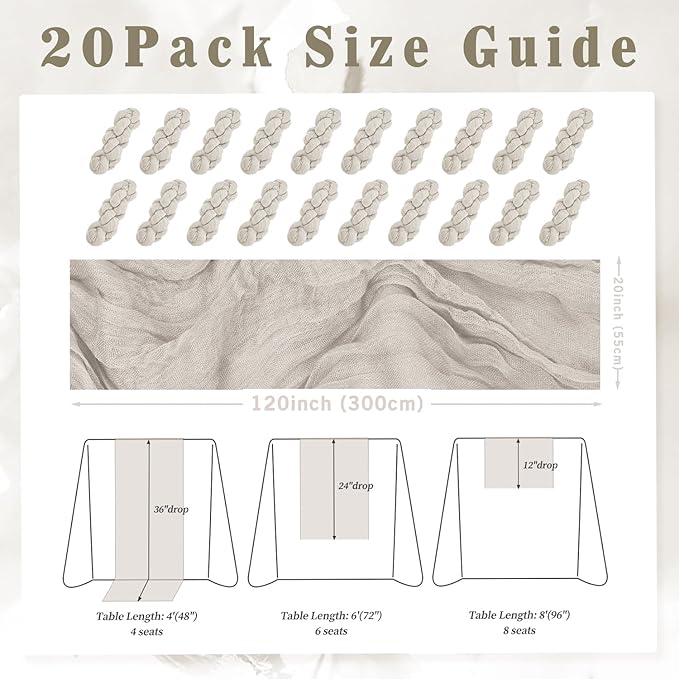 20 Pack Rose Brown Cheesecloth Table Runner 10FT Rustic Gauze Fabric Cheese Cloth Table Runner for Wedding Bridal Baby Shower Table Decor Boho Sheer Birthday Party Table Decorations 20 x 120 Inch Long-CasaMuseHome