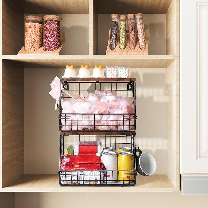 2pcs Fruit Basket Kitchen Storage Basket with Wood Lid, Stackable Wall Basket Fruit Basket for Kitchen, Countertop Organizer for Snack, Fruit and Veggie Storage, 11.8 x 7.9 x 8.5 Inch-CasaMuseHome