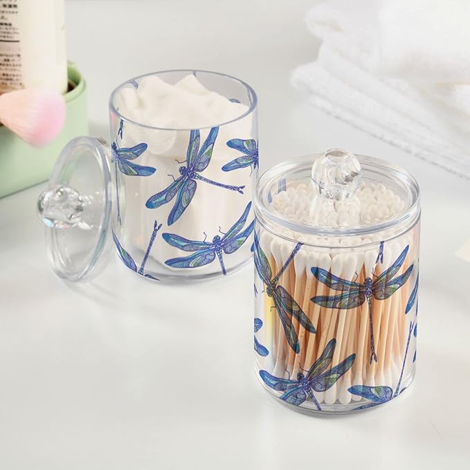 2 Pack Qtip Holder Organizer Dispenser Dragonflies Bathroom Storage Canister Cotton Ball Holder Container for Cotton Swabs/Pads/Floss-CasaMuseHome
