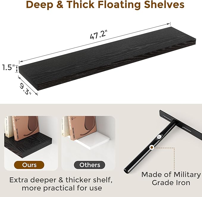 48 Inch Floating Shelves Black, Rustic Wood Floating Shelf Wall Mounted, 9 Inch Deep Floating Shelf for Kitchen, Bedroom, 48 x 9 Wall Shelves for Home Storage, Set of 1-CasaMuseHome