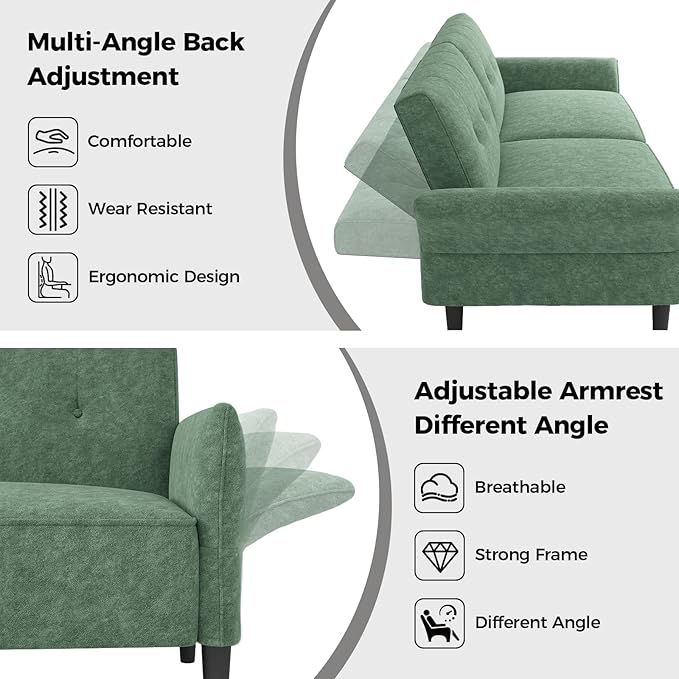 89” Futon Sofa Bed, Comfy Futon Couch Bed with 2 Square Pillows, Convertible Sleeper Sofa with Adjustable Backrest& Armrests, Modern Loveseat Sleeper for Living Room, Bedroom,Light Green-CasaMuseHome