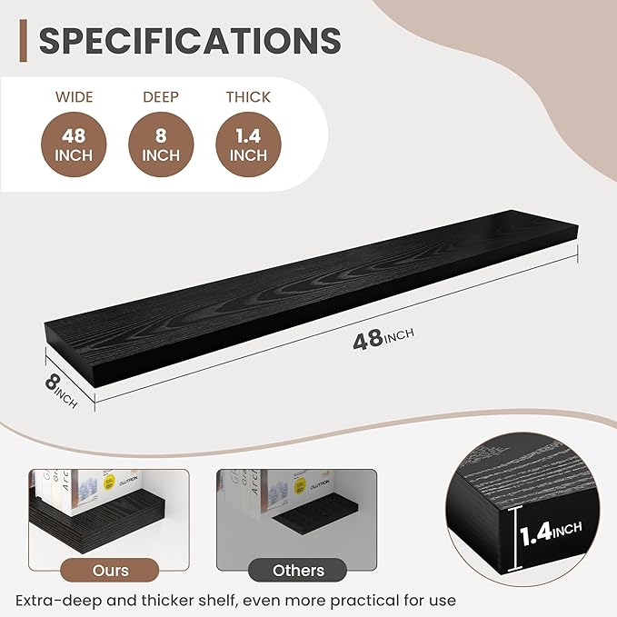 48 Inch Floating Shelves, 8 Inch Deep Floating Shelves for Wall, Hanging Shelf with Invisible Brackets, Deep Shelves for Bathroom, Bedroom, Living Room, Black, Set of 1-CasaMuseHome