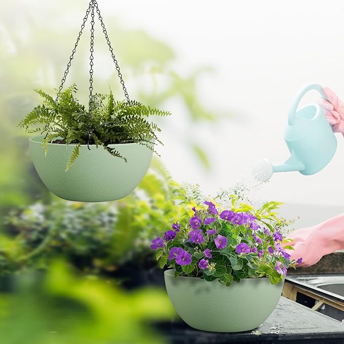 13 inch Large Hanging Planters Plant Pots for Outdoor Indoor Plants with Drainage Holes and Chain, 2 Pack Round Hanging Flower Pots for Garden Home Porch Decor, Green-CasaMuseHome