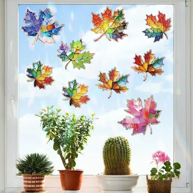 14pcs Window Decals for Bird Strikes, Anti Collision Window Clings, Rainbow Reflection Window Sticker, Maple Leaf Style Sun Catcher Stickers for Glass Windows-CasaMuseHome