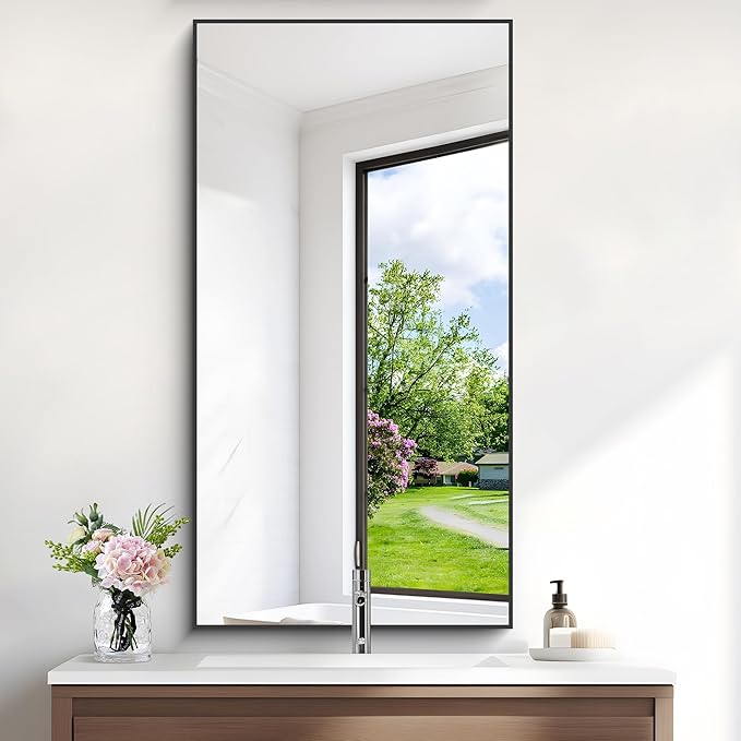 48x24In Black Bathroom Mirror for Wall, Rectangle Mirrors with Metal Frame, Bathroom Rectangular Mirror Modern Wall Mirror for Bedroom Living Room, Entryway Hangs Horizontal or Vertical-CasaMuseHome