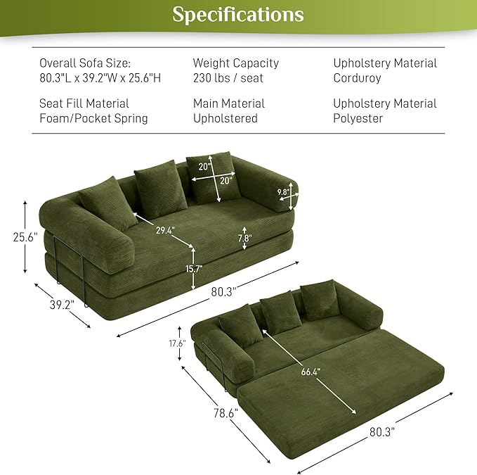 80.3" Convertible Sleeper Sofa Bed with Cylindrical Pillow, Corduroy Folding Mattress Couch with Fixed-Shape Frame, Modular Floor Sofa Lounge Couch for Living Room Bedroom Lounge, Green-CasaMuseHome