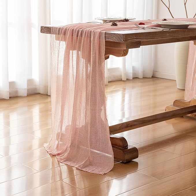 6pcs Pink Gauze Rustic Cheesecloth Table Runner 120 Inch 10 FT for Wedding Baby Shower Bridal Shower Birthday Engagement Garden Outdoor Party Long Sheer Boho Decorations-CasaMuseHome