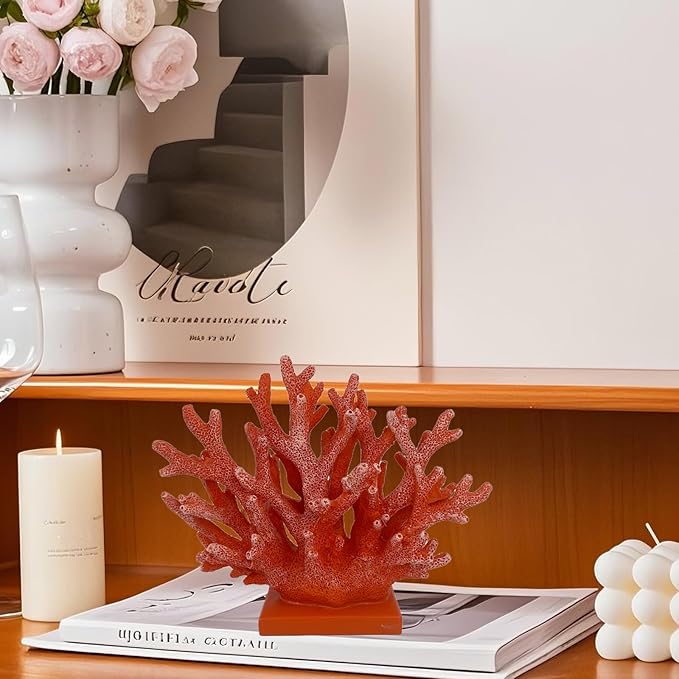 5.8" H Red Orange Coral Decor - Resin Coral Statue, Nautical Decor for Home, Bedroom, Bathroom, Living Room, Ocean Themed Cabinet Shelf Tabletop Decoration-CasaMuseHome