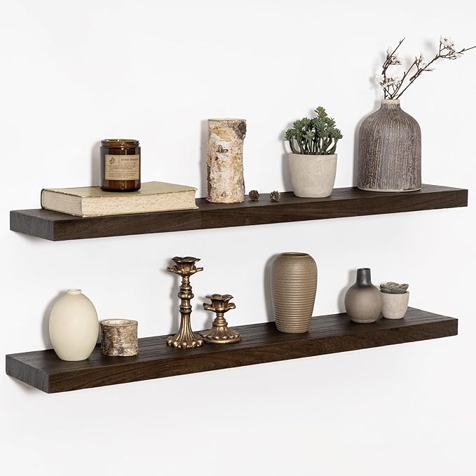 36 Inch Floating Shelves for Wall, Rustic Elm Wood Shelf for Home Decor, Heavy-Duty Wooden Floating Shelves for Kitchen, Wall Mounted Storage Shelves for Bathtoom, Living Room, Walnut Color, Set of 2-CasaMuseHome