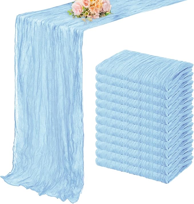 12 Pack Baby Blue Cheesecloth Table Runner 20 x 120 Inch Long Rustic Gauze Cheese Cloth Table Runner for Wedding 10FT Bridal Baby Shower Table Decorations Boho Fabric Sheer Birthday Party Table Decor-CasaMuseHome