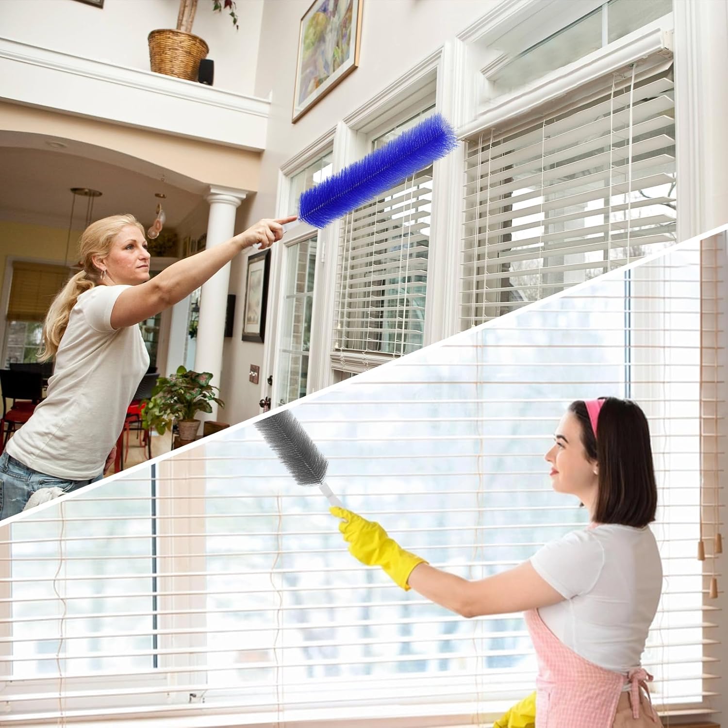 4 Pcs Cobweb Duster, Bendable Fan Cleaner Brushes Set Reusable, Plastic Microfiber Duster for Air Conditioning Shutters,Ceiling Fan, Blades, Curtains,Air Vents(Blue，Gray)