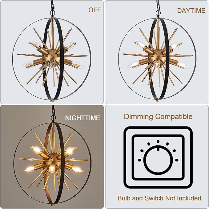 17.72'' Black Gold 8-Light Globe Sputnik Chandelier Modern Industrial Adjustable Hanging Ceiling Firework Pendant Light Fixture for Entryway Stairway Kitchen Dining Living Room Hallway-CasaMuseHome