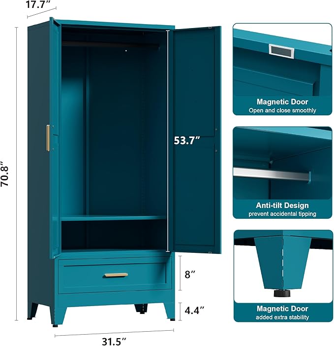 71'' Farmhouse Metal Wardrobe Cabinet with Hanging Rod, 2 Barn Door Wardrobe Closet with Adjustable Shelves,Drawer,for Dining Room,Bedroom,Living Room, Cloak Room,Office (Peacock Blue)-CasaMuseHome