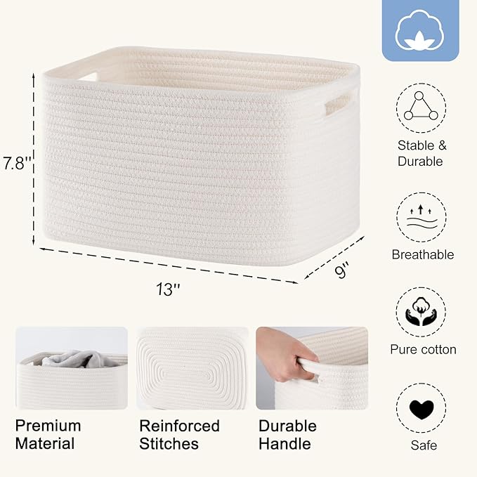 4 Pack Storage Baskets for Organizing, Woven Baskets for Shelves - Perfect for Toys, Books, Towels, and Clothes, Durable Gift Basket Bins Toy Storage, 12.7''L x9''W x7.8''H, White-CasaMuseHome