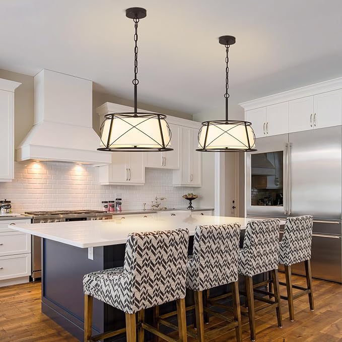 15.7" Black Drum Chandelier,3-Light Modern Farmhouse Chandelier,White Fabric Drum Shade Pendant Light Fixture for Dining Room Kitchen Island Bedroom Entryway-CasaMuseHome