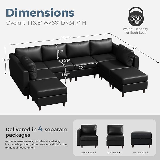 ABCASA 118.5" Faux Leather Modular Sectional Sofa, Modern Large 8 Seater U Shaped Couch with Storage Seat with Reversible Chaise Deep Seat for Living Room DIY Combination - Black-CasaMuseHome