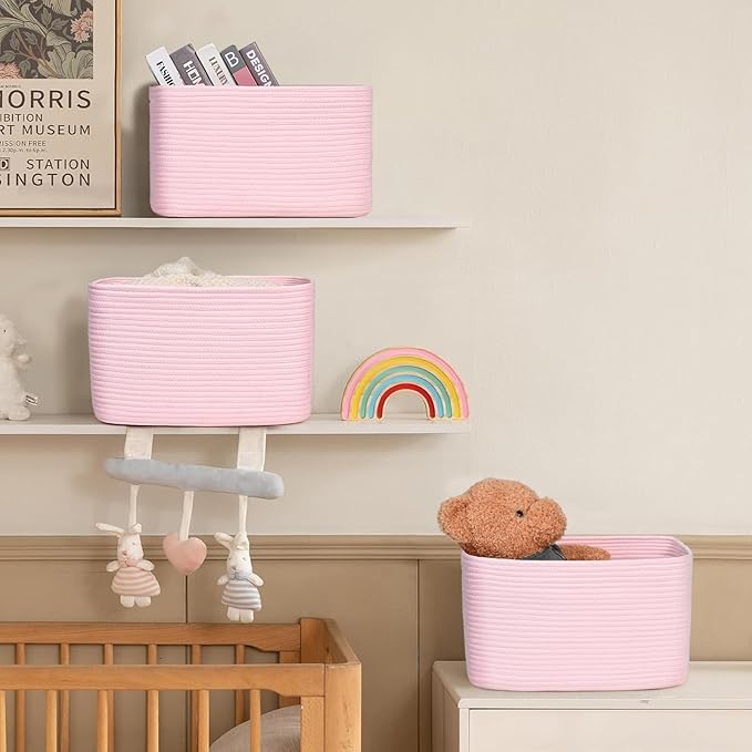 3-Pack Shelf Baskets for Organizing, Woven Storage Basket for Shelves, Cotton Rope Storage Bins for Toys Books, Nursery Towel Baskets for Classroom, 14.96"X9.8"X8.85", Pink-CasaMuseHome