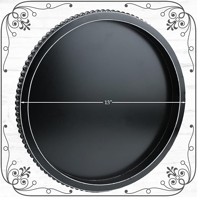 Round Black Wood Serving Tray with Beads, Wooden Decorative Tray for Entertaining, Decoration, and Gifting,-CasaMuseHome