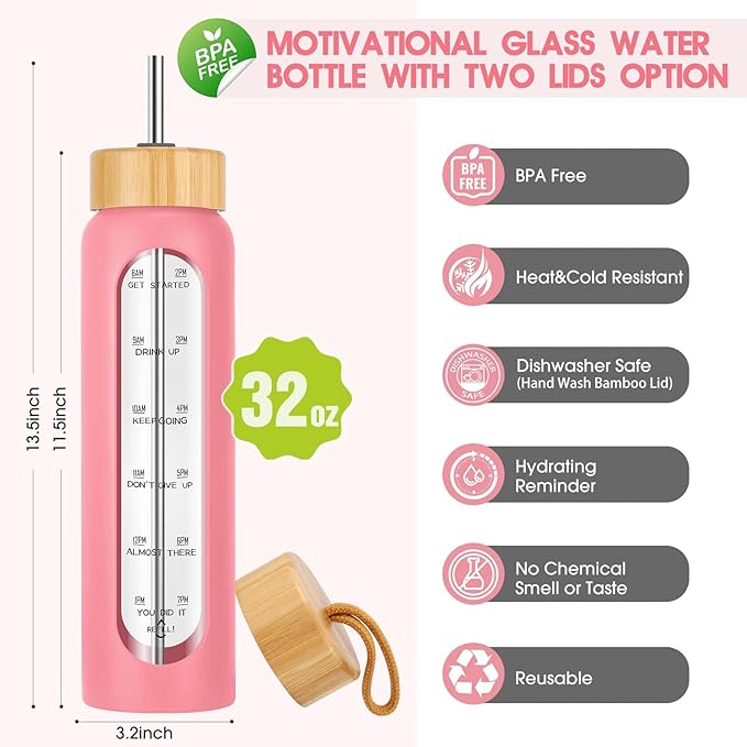 32 oz Glass Water Bottle with Straw - Motivational Time Marker & Silicone Sleeve - Reusable Tumbler Includes 2 Bamboo Lids & Fruit Infuser - 1 Pack-CasaMuseHome