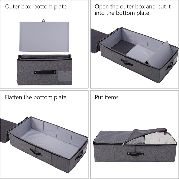 2PCS Foldable Under Bed Storage Box with Plastic Support Liner, Handles, Zipper lid, Blankets Clothes Comforters Storage Bin Organizer for Bedroom and Closet, 29×15×7inch, Black Grey-CasaMuseHome
