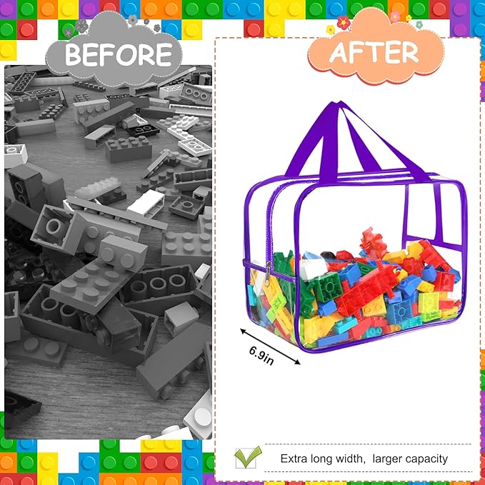 6 Colors Widen X-Large Toy Storage Bags 12.6×9.25×6.9In with Labels, Reusable Clear PVC Board Game Storage, Travel Waterproof Organizer Bags with Zipper for Building Blocks, Puzzle, Stuffed Animals-CasaMuseHome