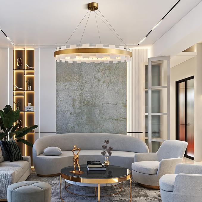 31.5" Natural Spanish Alabaster Round Chandelier, Adjustable Large Chandeliers for Living Room Over Table, Modern Luxury Alabaster Stone Chandelier for Drawing Room, Bedroom, Hallway, Foyer-CasaMuseHome