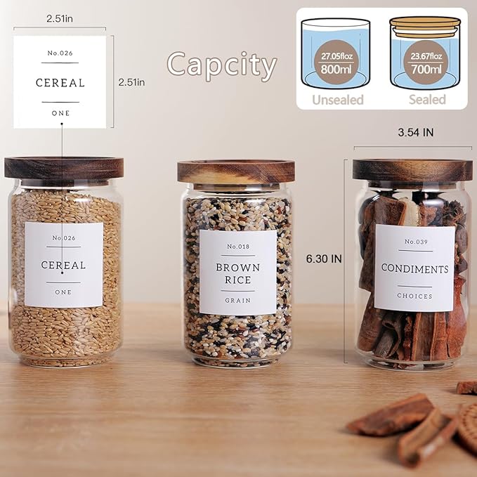 6 Set Glass Pantry Storage Jars with Acacia Airtight Lid - 23oz Thicken Glass Kitchen Canisters with 132 Pantry Labels - Clear Glass Food Storage Containers with Wood Lid for Tea,Sugar,Cookie,Coffee-CasaMuseHome