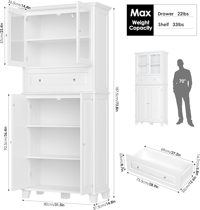 76'' Kitchen Pantry Storage Cabinet, Freestanding Kitchen Cupboard with Large Drawer, Doors, and Adjustable Shelves, Bathroom Storage Cabinet for Dining Room, Living Room, Laundry, White-CasaMuseHome