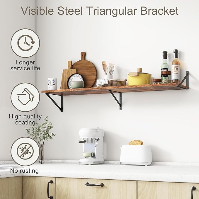 12 Inch Deep Floating Shelves,48W x 12D Floating Shelves, Deep Wall Shelves Bracket Set of 2, Large Display Floating Shelf for Bathroom, Living Room, Wide Storage Wooden Wall Shelf, Rustic Brown-CasaMuseHome