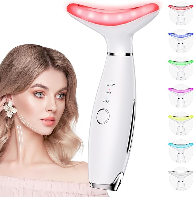 7 Color Galvanic Machines - Red Light Therapy for Face and Neck, Face Massager Tool for Wrinkles, Double Chin, Vibrating Facial Massager with Thermals, White-CasaMuseHome